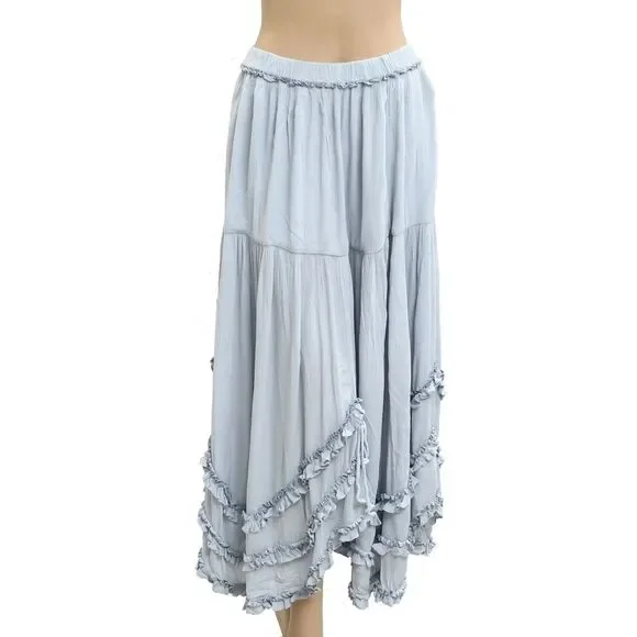 Free People Free-est Vienna Midi Skirt Tiered Asymmetrical Ruffle Blue M 286691 - Picture 3 of 7